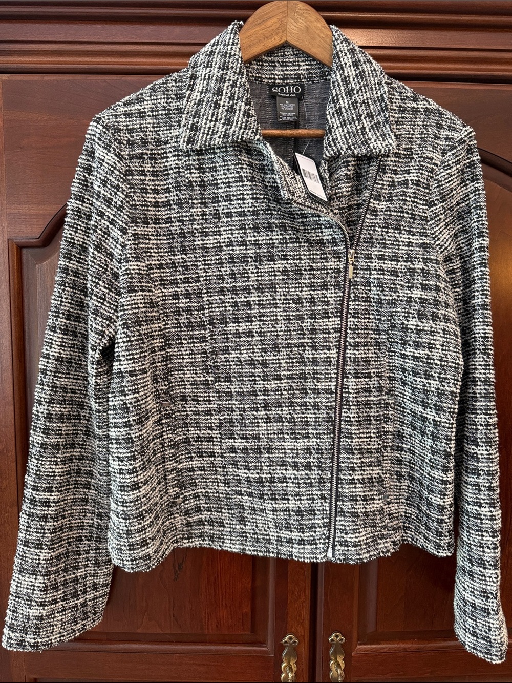 Soho Black & White Tweed Zip-Front Blazer size medium